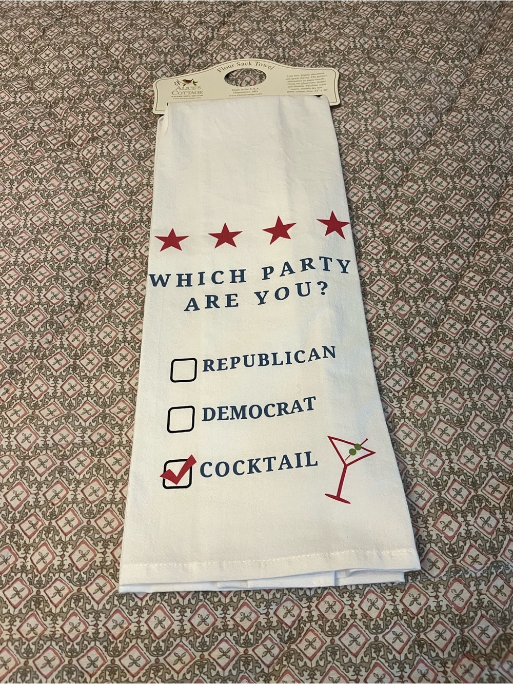 NWT White 'Which Party Are You?' Cocktail Kitchen Towel - Patriotic Print